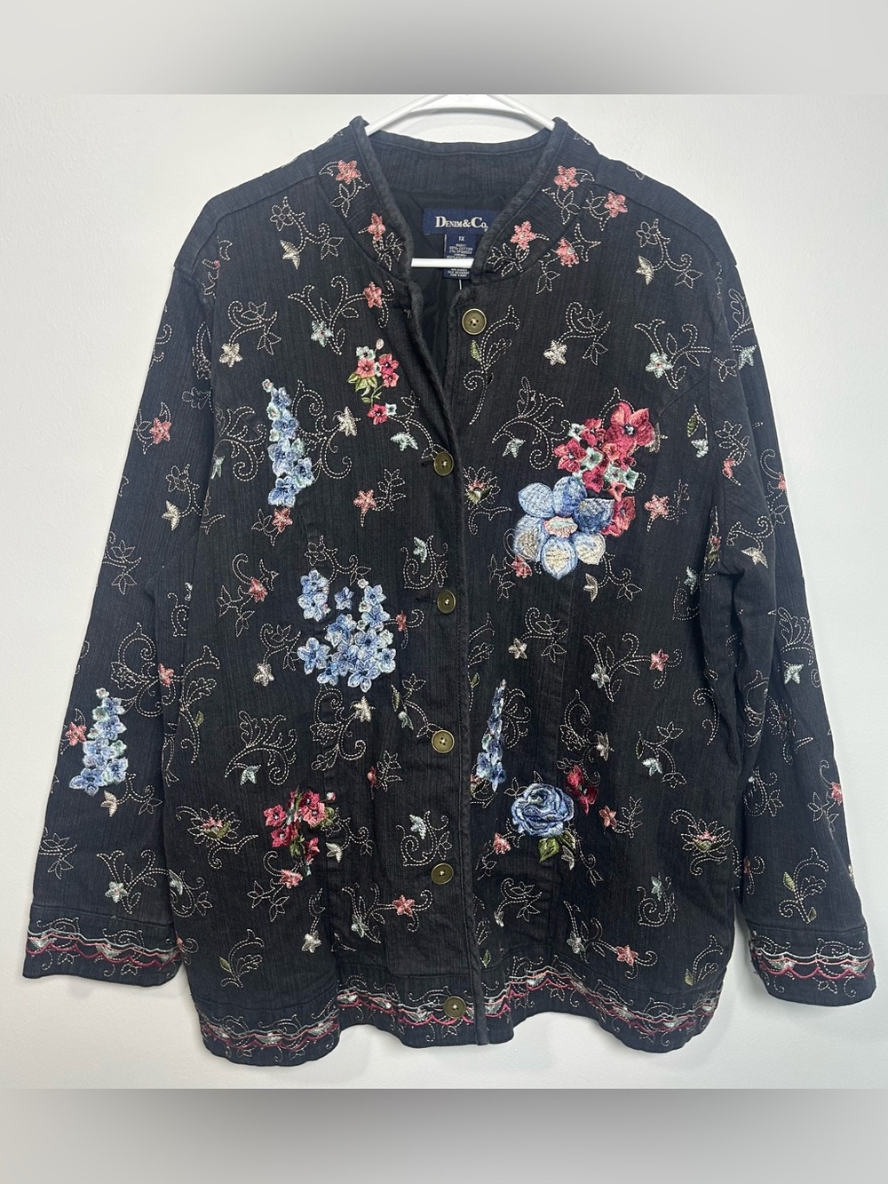Denim&Co Black Embroidered Floral Jean Jacket